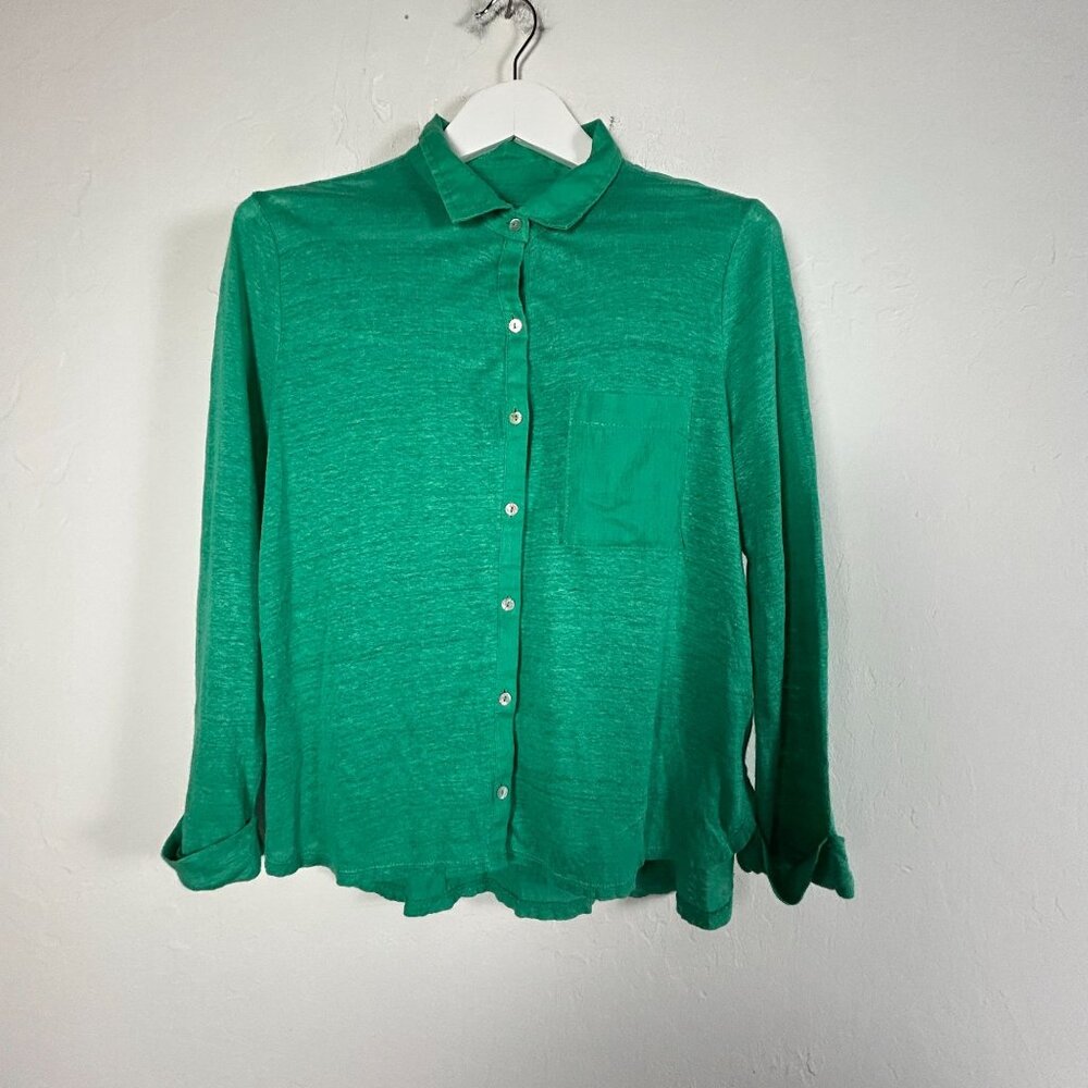 Sigrid Olsen Womens Green Linen Long Sleeve Button-Up Shirt Medium Casual Pocket